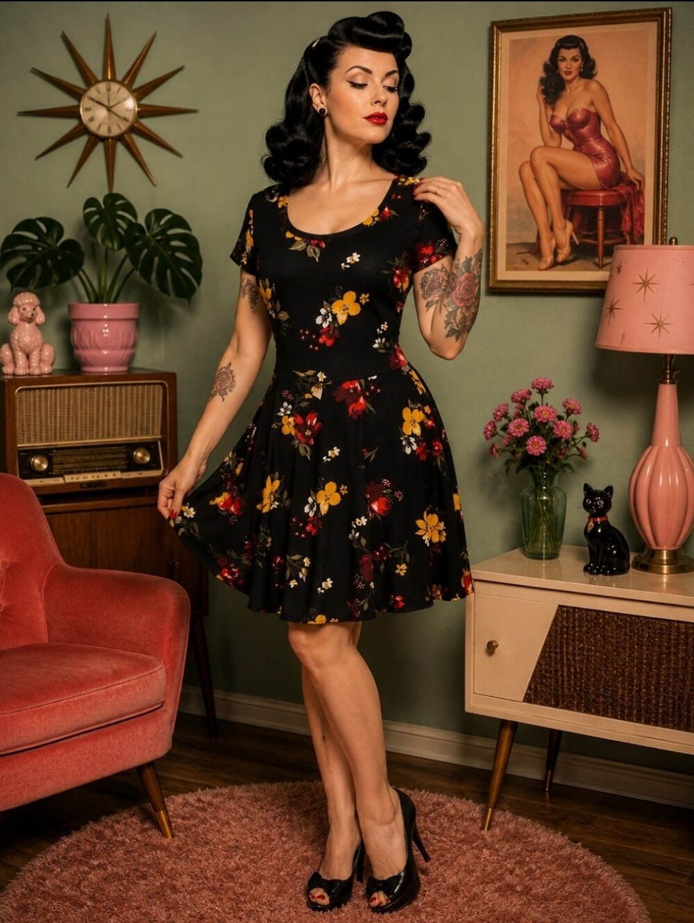 Retrolicious Black Floral Fit & Flare Dress with Yellow and Red Blooms